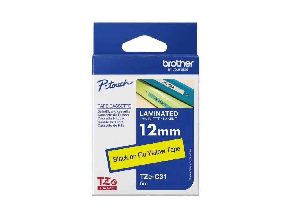 Brother TZe-C31 labeltape - sort på fluorescerende gul 12mm x 5m