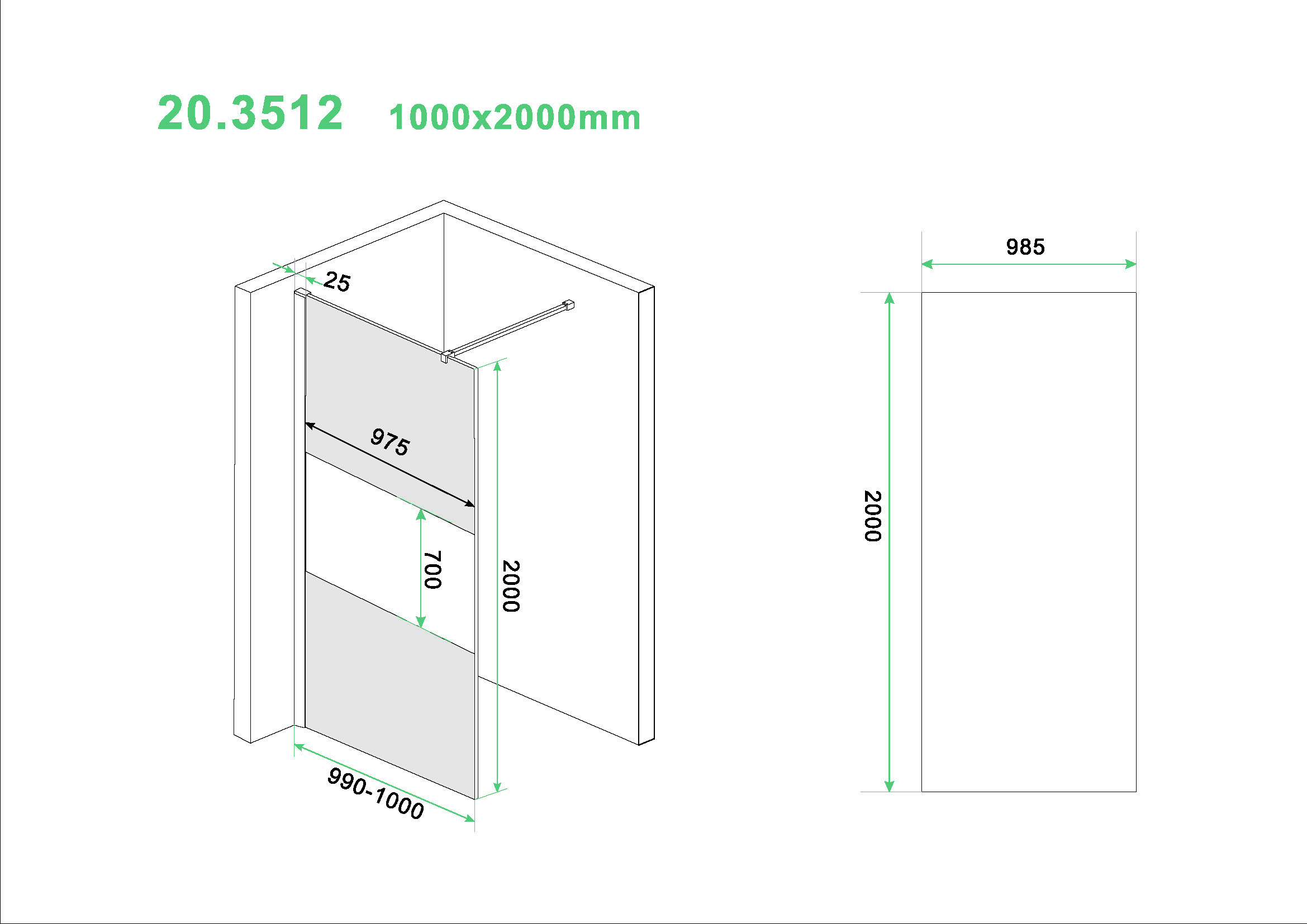 Mueller Slimline 100cm douchewand rookglas met schaamband 8mm NANO glas
