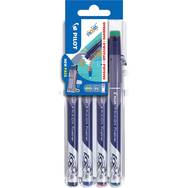 Stylo feutre Pilot Frixion Fineliner pointe 1,3 mm - écriture fine - Etuis de 4 couleurs classiques assorties