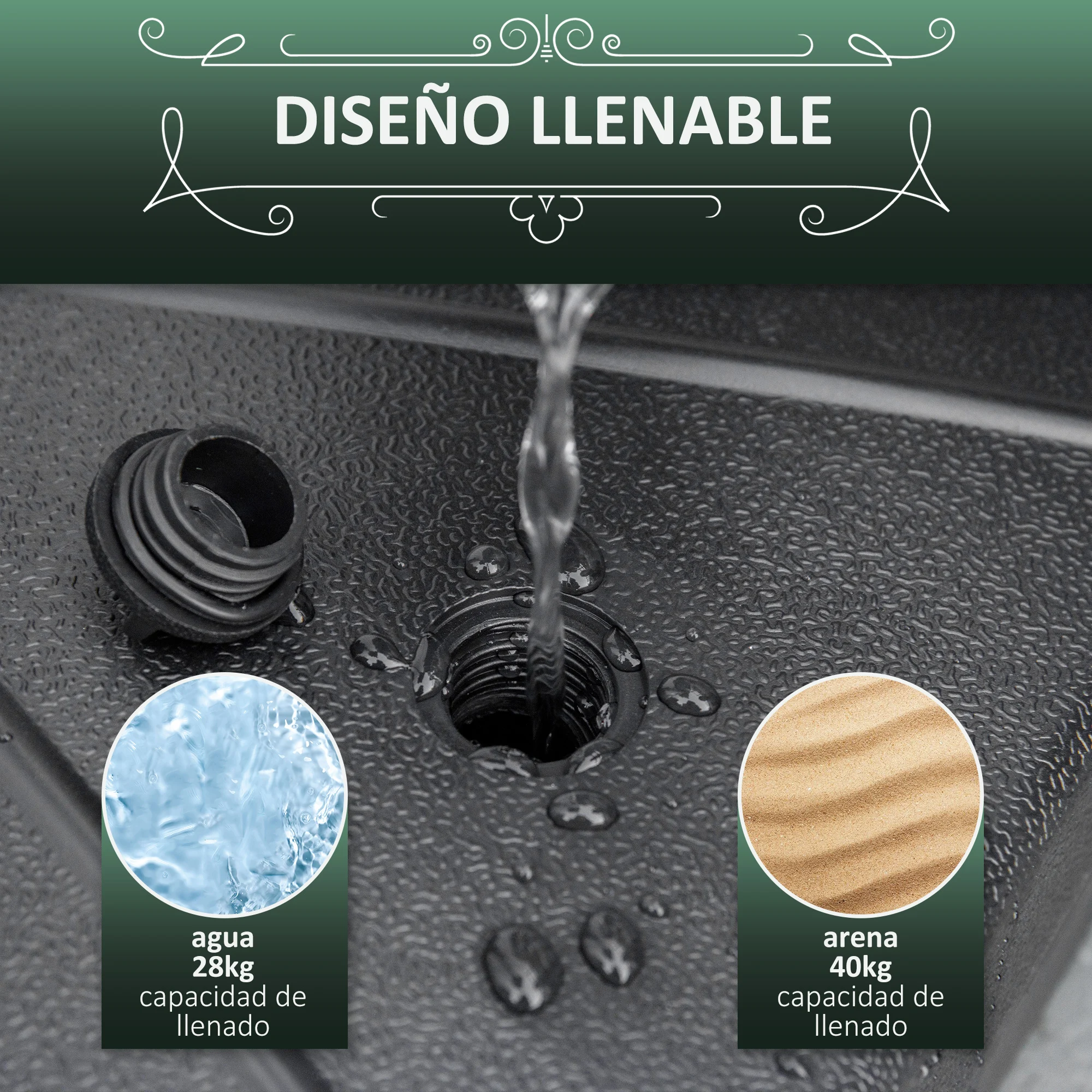 Base para guarda-sol Outsunny, preenchível com água (28 kg) ou areia (40 kg), octogonal, adequada para mastros de 38 mm e 48 mm, para jardim e pátio, Ø60 x 36 cm, preta.