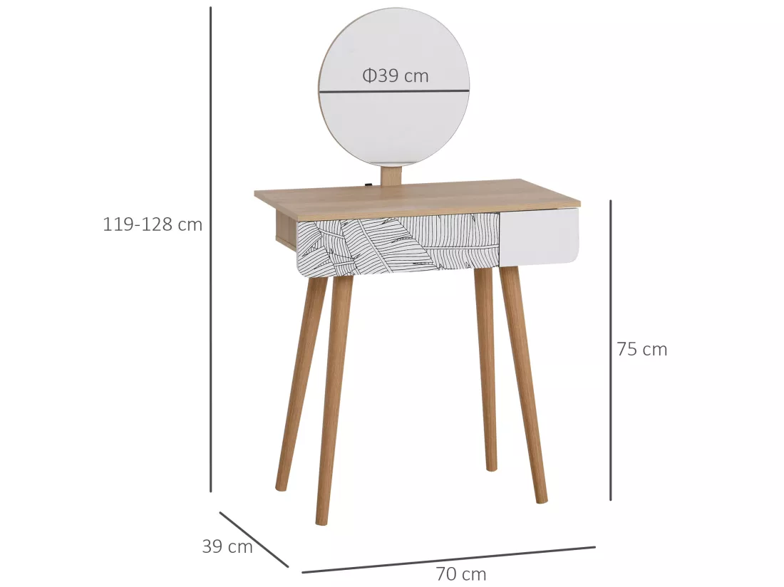 Coiffeuse table de maquillage design scandinave tiroir et grand miroir dim. 70 x 39 x 119-128 cm
