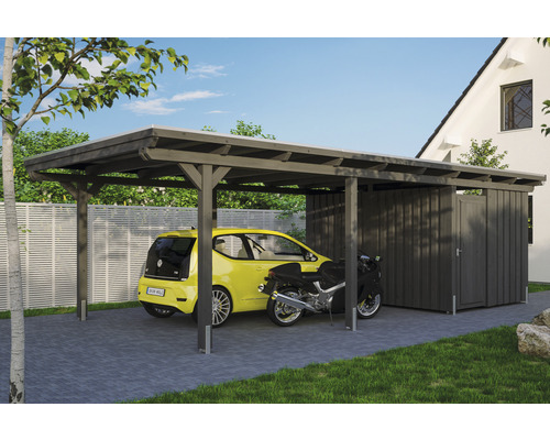 Enkele carport SKAN HOLZ Emsland incl. berging, paalankers 404 x 846 cm leisteen