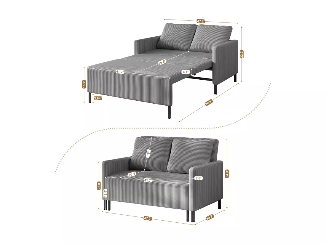 Canape 2 places convertible clic-clac, en Velours côtelé gris, Couchage 170 cm, Matelas 10 cm, pour Studio/Salon/Chambre