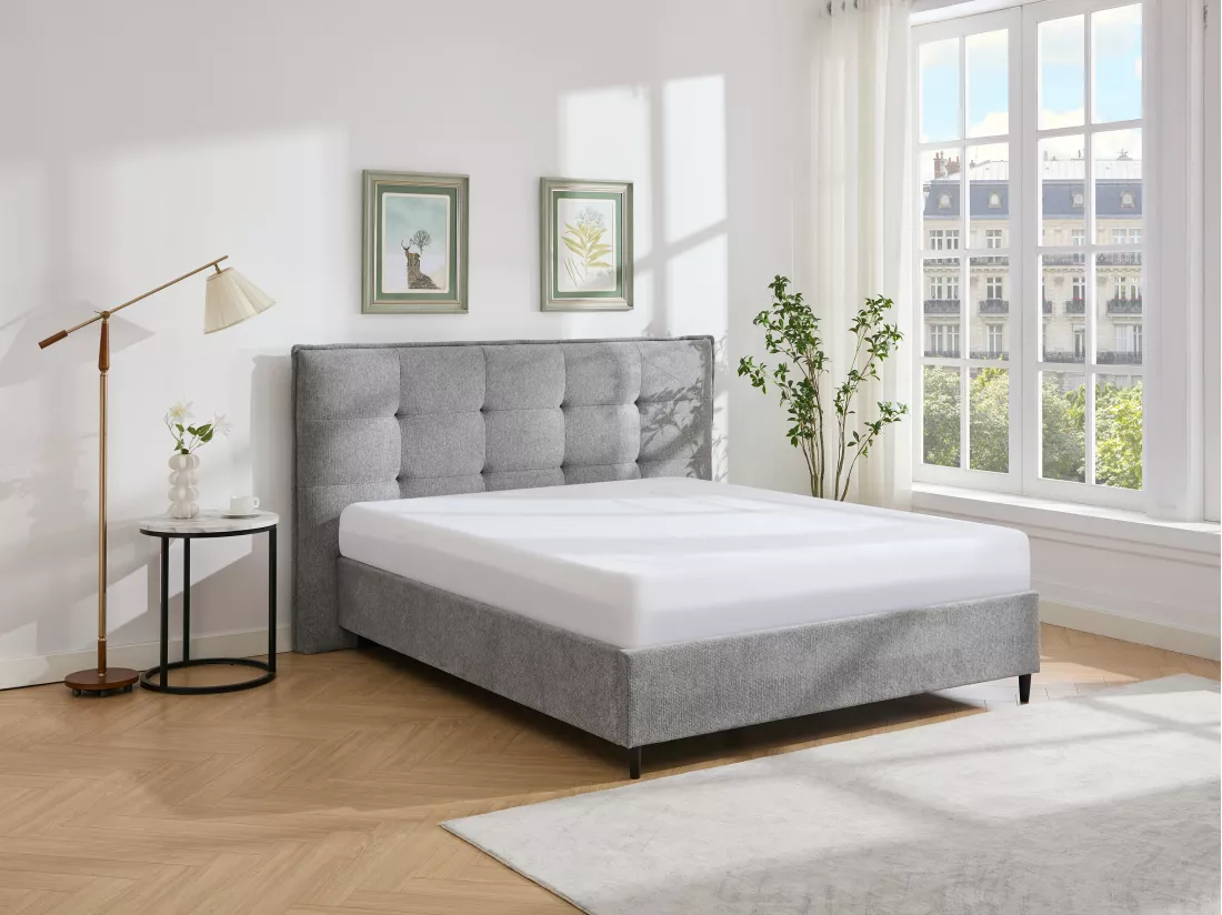 Lit 180 x 200 cm avec tête de lit capitonnée - Tissu - Gris - NIRPIO