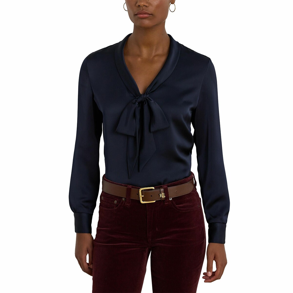 Blusa de cetim LAUREN RALPH LAUREN com mangas compridas e decote em V