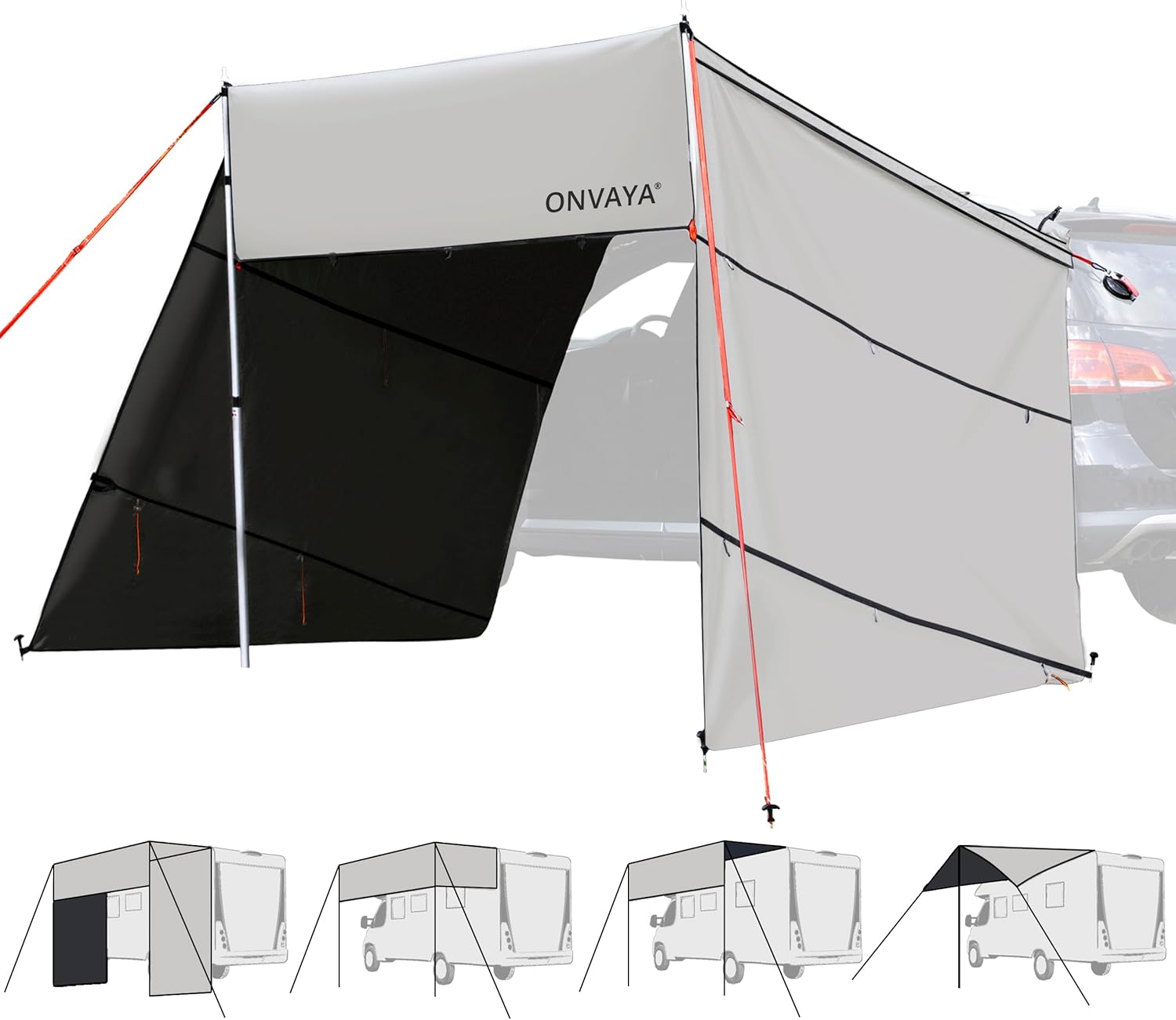 ONVAYA® Auto-Sonnensegel | Schutz vor Wind, Regen, Sonne (UV99) | 6 Aufbauvarianten | Schneller und einfacher Aufbau | Für PKW, Van und Wohnmobil (Grau)