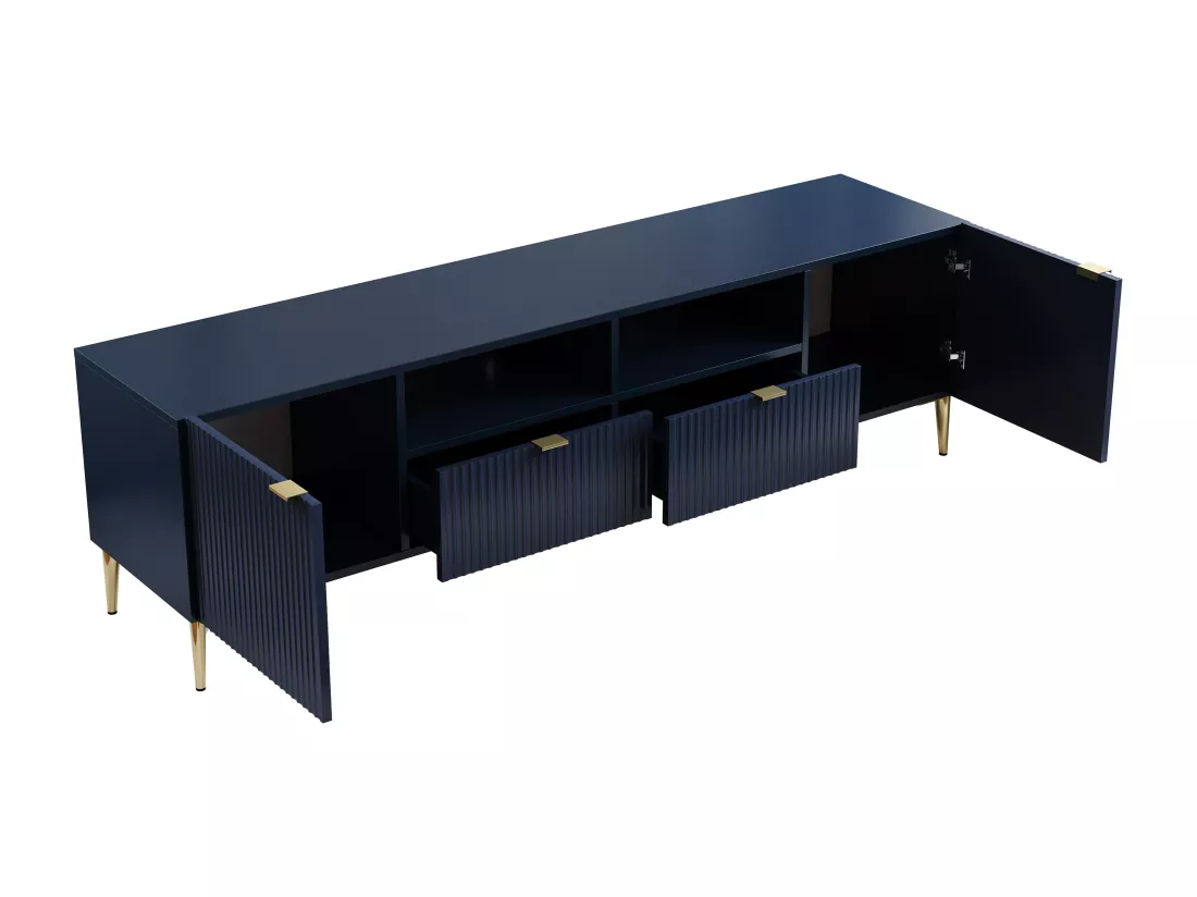 Meuble TV avec 2 portes, 2 tiroirs et 2 niches en MDF et acier - Bleu et doré - YESINIA