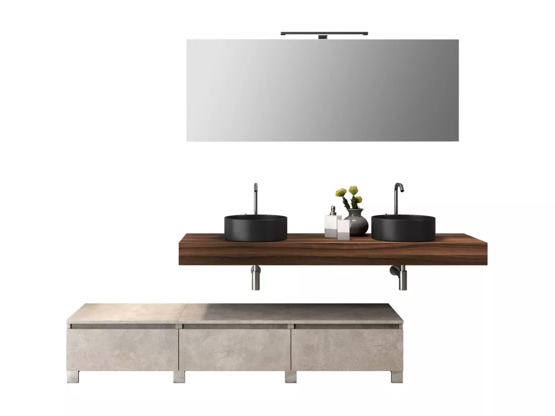 Ensemble de salle de bain double vasque 9 pièces ASTRA noyer/havane pierre