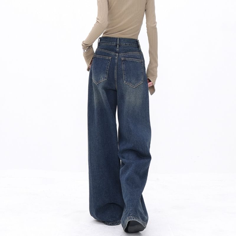 Carotaine - High Waist Washed Wide Leg Jeans