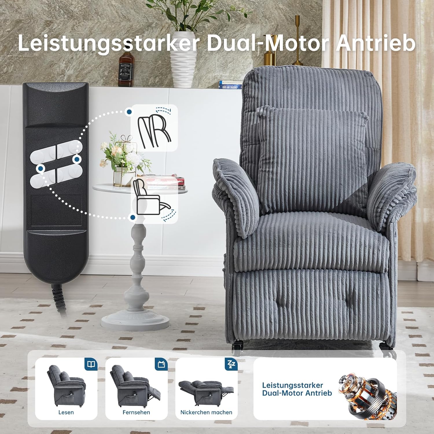 2 Motoren Elektrischer Relaxsessel, Fernsehsessel mit Liegefunktion, TV Sessel Wohnzimmer mit Rollen, Verstellbarer Rückenlehne & Fußstütze, 2 Seitentaschen, Cord Couch, Dunkelgrau