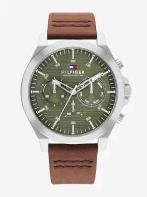 Relógio com pulseira de couro marrom e mostrador verde