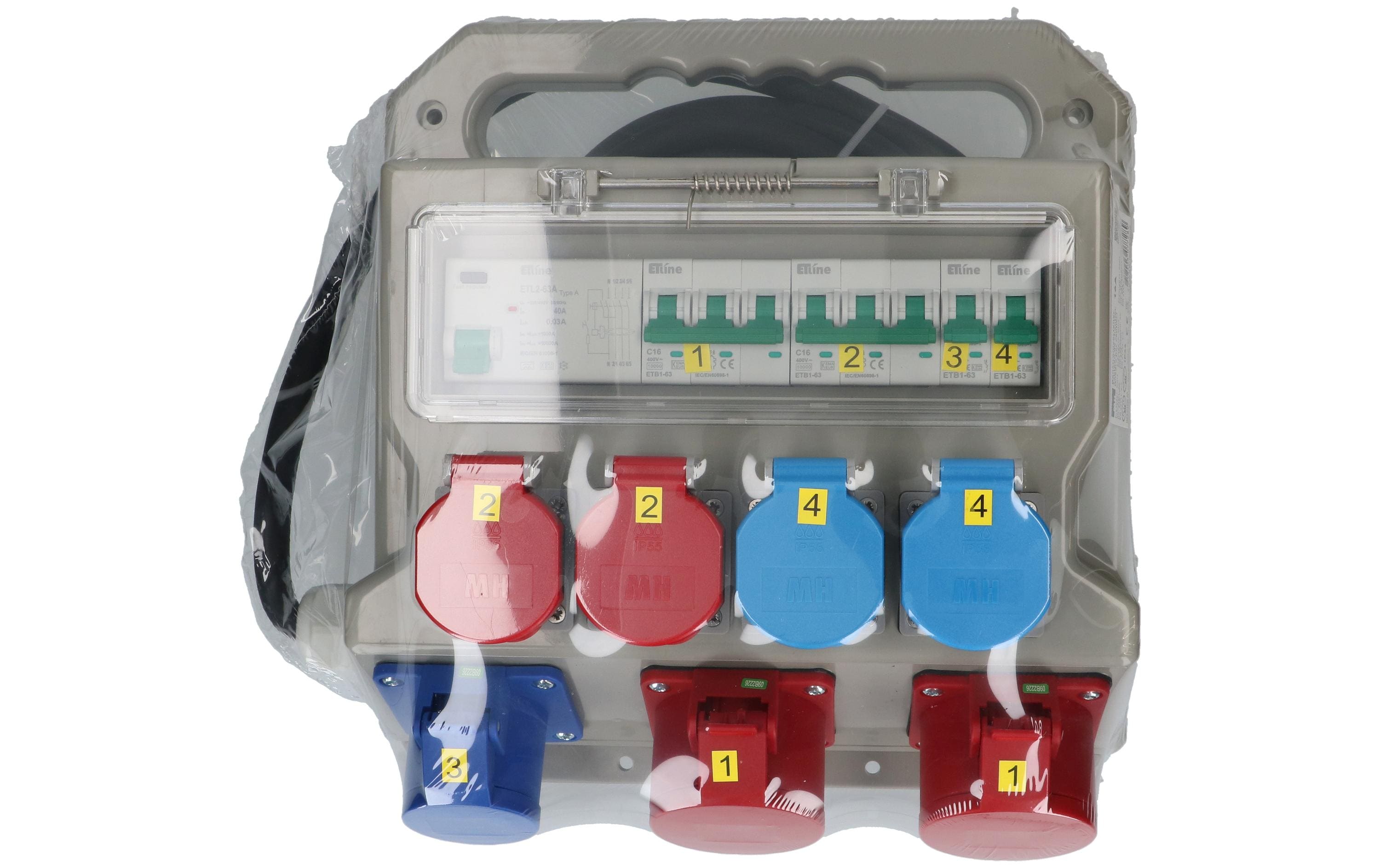 Baustromverteiler CEE16, T25, T23, 40A FI/LS, IP44<br>Baustromverteiler mit Steckdosen für 230 V und 400 V