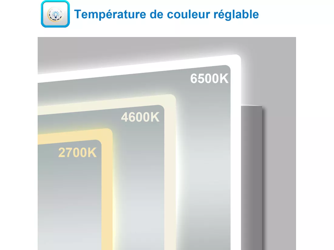 Miroir salle de bain 80x60cm avec 3 couleurs+dimmable+anti-buée+grossissant+Horloge Aica