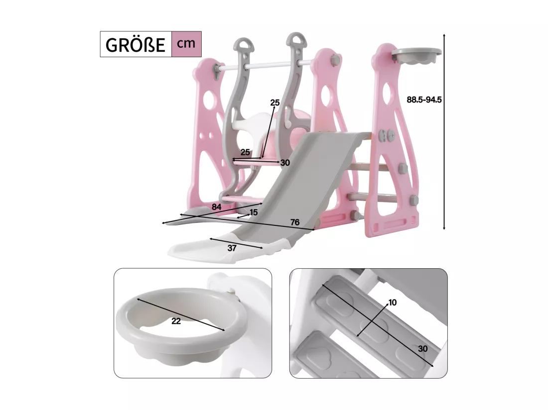 Toboggan pour enfants 4 en 1 - Convient pour l'intérieur et l'extérieur - avec balançoire, cadre de basket, toboggan, échelle - rose