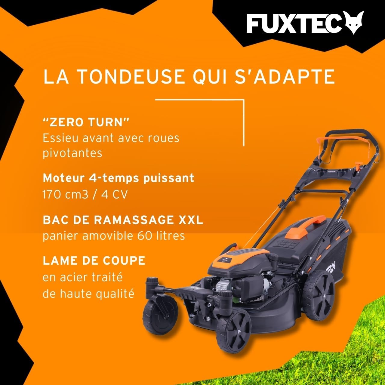 FUXTEC Tondeuse à gazon thermique 4 en 1 Avec Roues Avant Pivotantes FX-RM5170agile - 2,9kW | Largeur de coupe 51cm | 25mm-75mm Bac 60L, mulching & éjection latérale