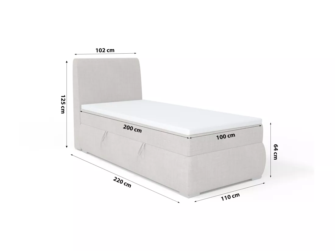 LIT BOXSPRING avec coffre de rangement Buffalo Mini côté gauche 100x200 cm, Lux 05 (Gris clair)