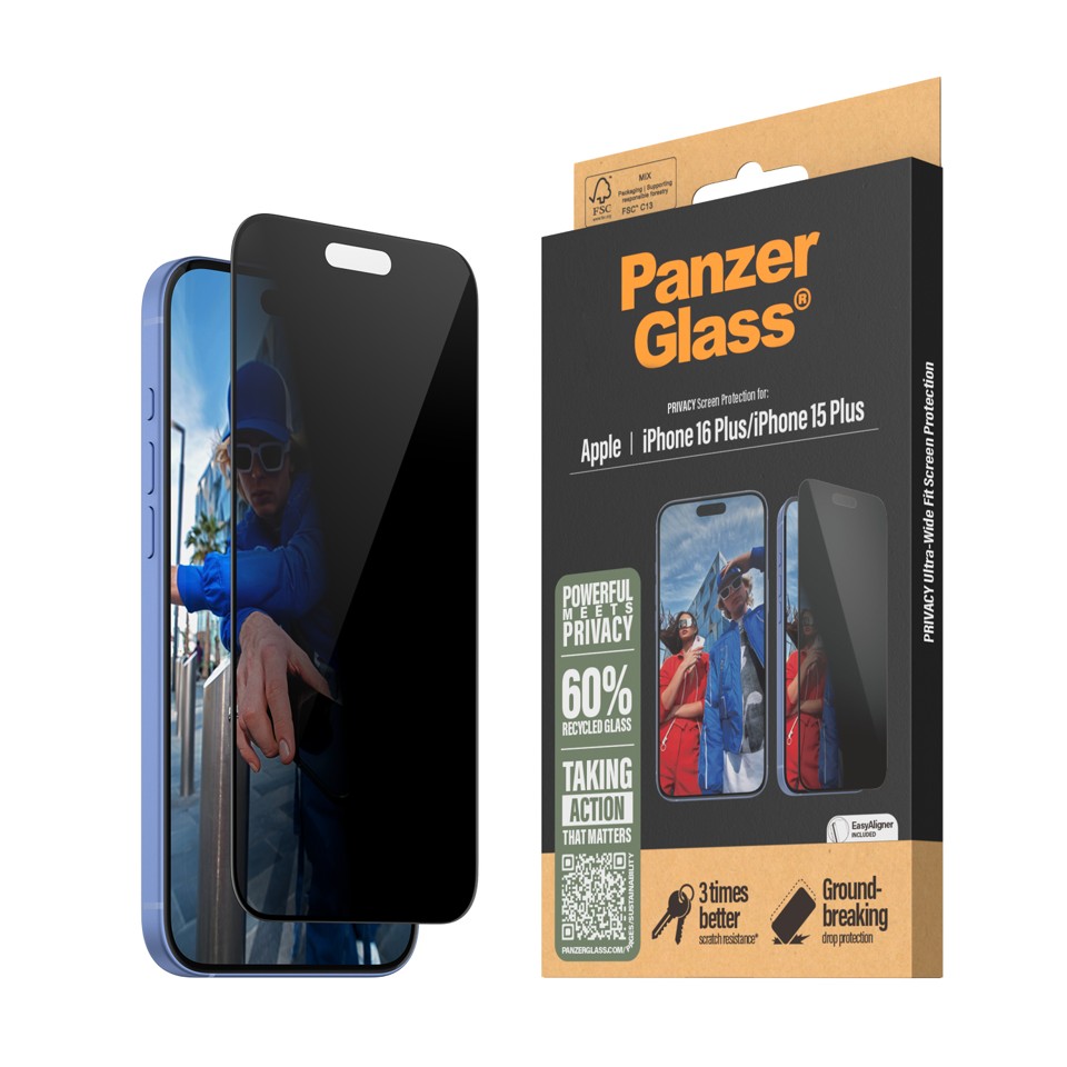 PanzerGlass - Skærmbeskyttelse Privacy - iPhone 16 Plus - Ultra Wide Fit
