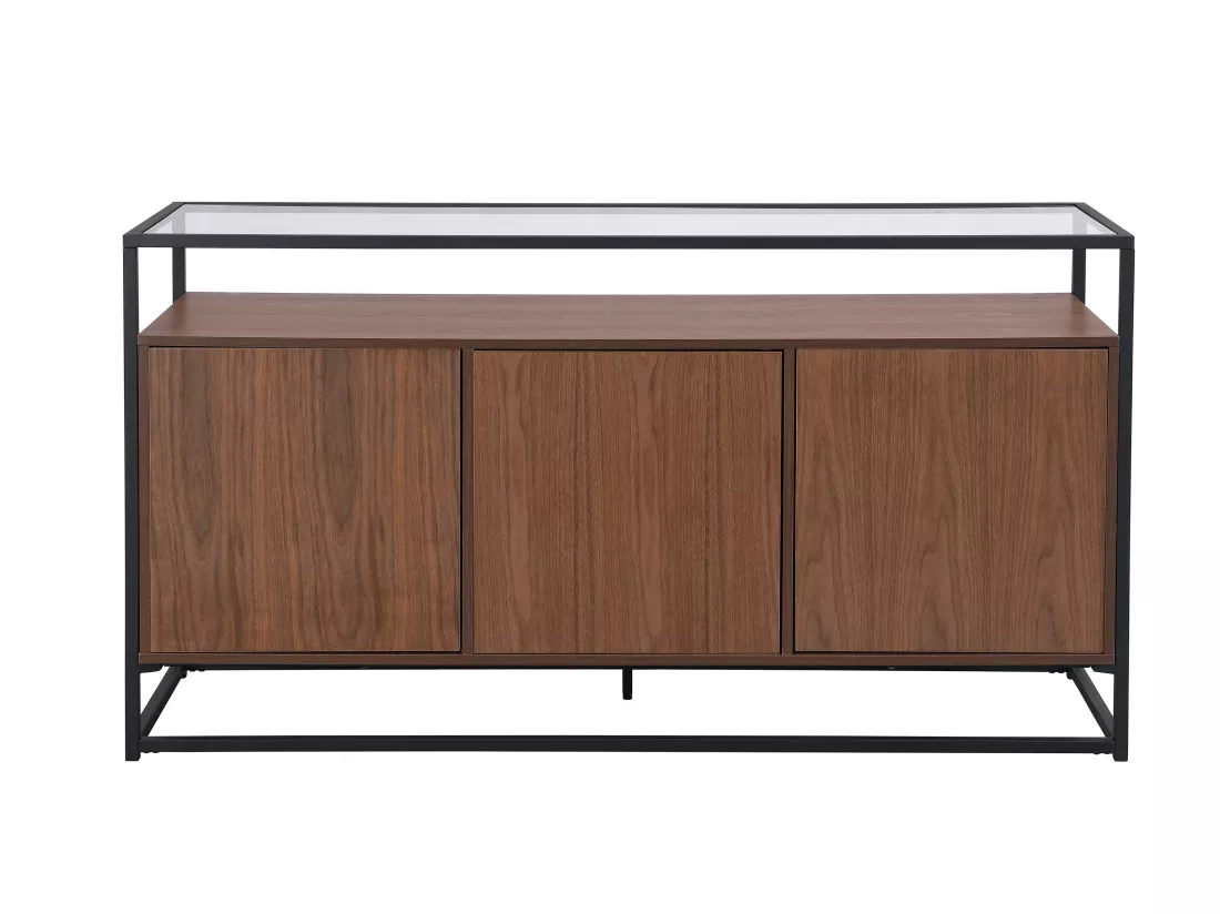 Buffet avec 3 portes en MDF, verre trempé et métal - Naturel foncé - CAMATA