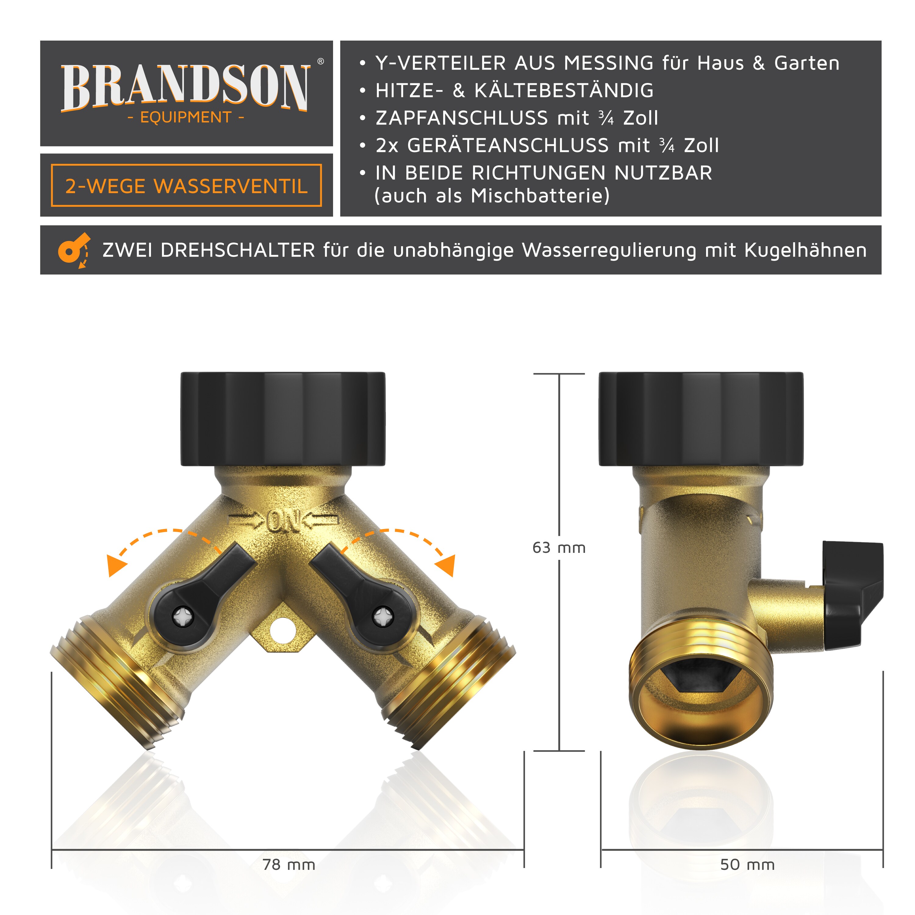 Brandson Wasserventil 2 Wege - Y-Verteiler für 3/4 Zoll Wasserhahn - Garten Wasserverteiler - Verteileranschluss für Wasserschlauch - 2 Drehschalter