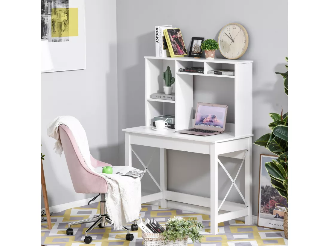 Bureau bibliothèque 2 en 1 - 3 niches 4 espaces de rangement - panneaux particules métal blanc