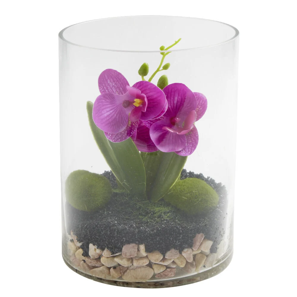 Vase en verre terrarium avec orchidée artificielle Ø15xH20cm (2 modèles)