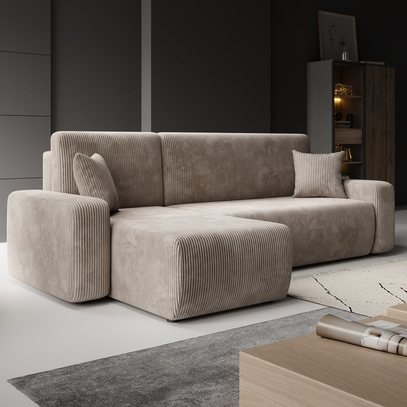 Prudence - Hoekbank 3-zits met chaise longue - Ribstof bruin - Universeel