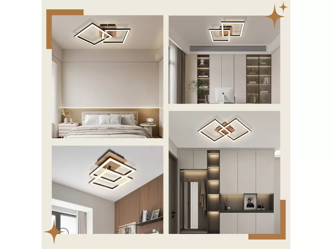 NETTLIFE Plafonnier LED Noir Bois 3000K Blanc Chaud Design Moderne 24W