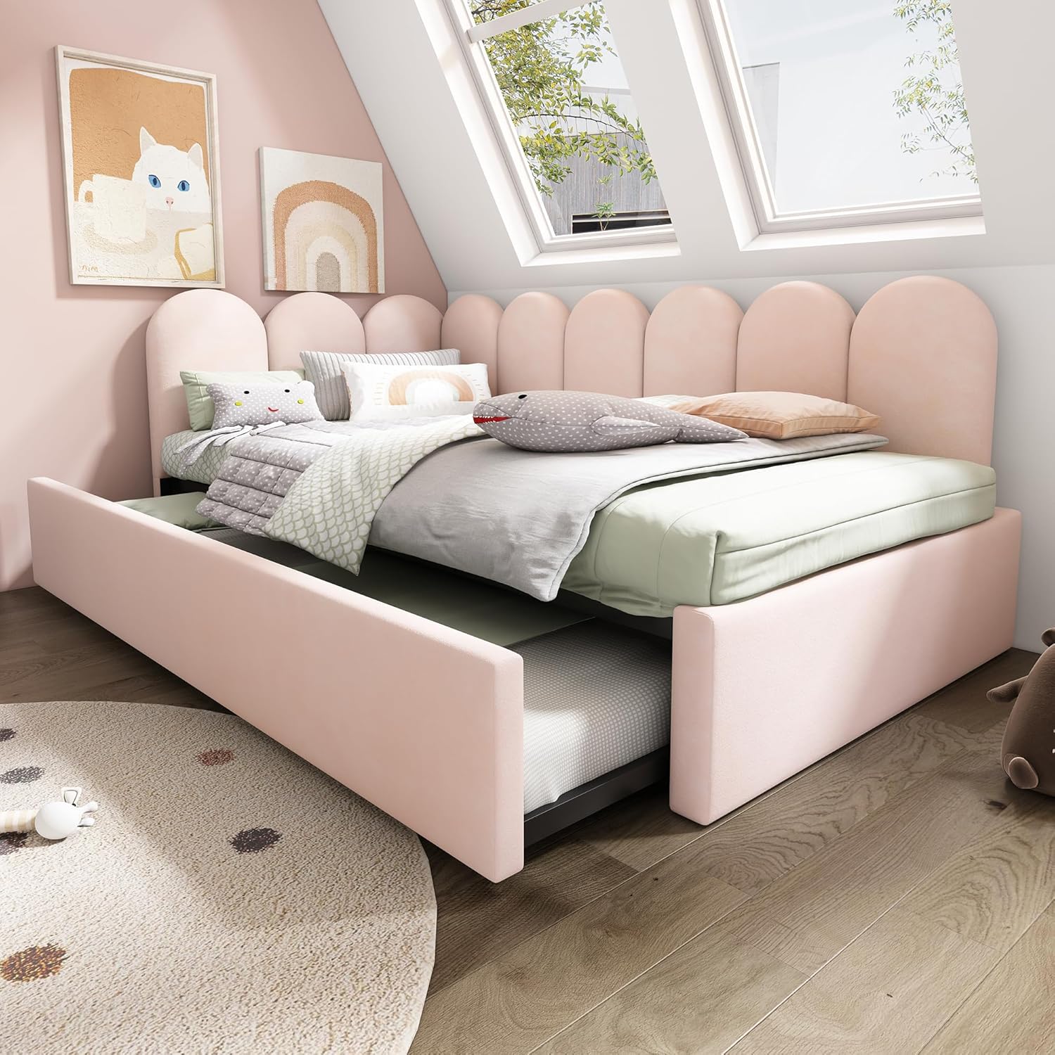 Polsterbett Tagesbett 90x200 Einzelbett mit Ausziehbett 90x190 cm, Kinderbett Jugendbett Daybett Gästebett Schlafsofa Sofabett Bettgestell mit Lattenrost aus Metall, Ohne Matratze, Samtstoff, Rosa