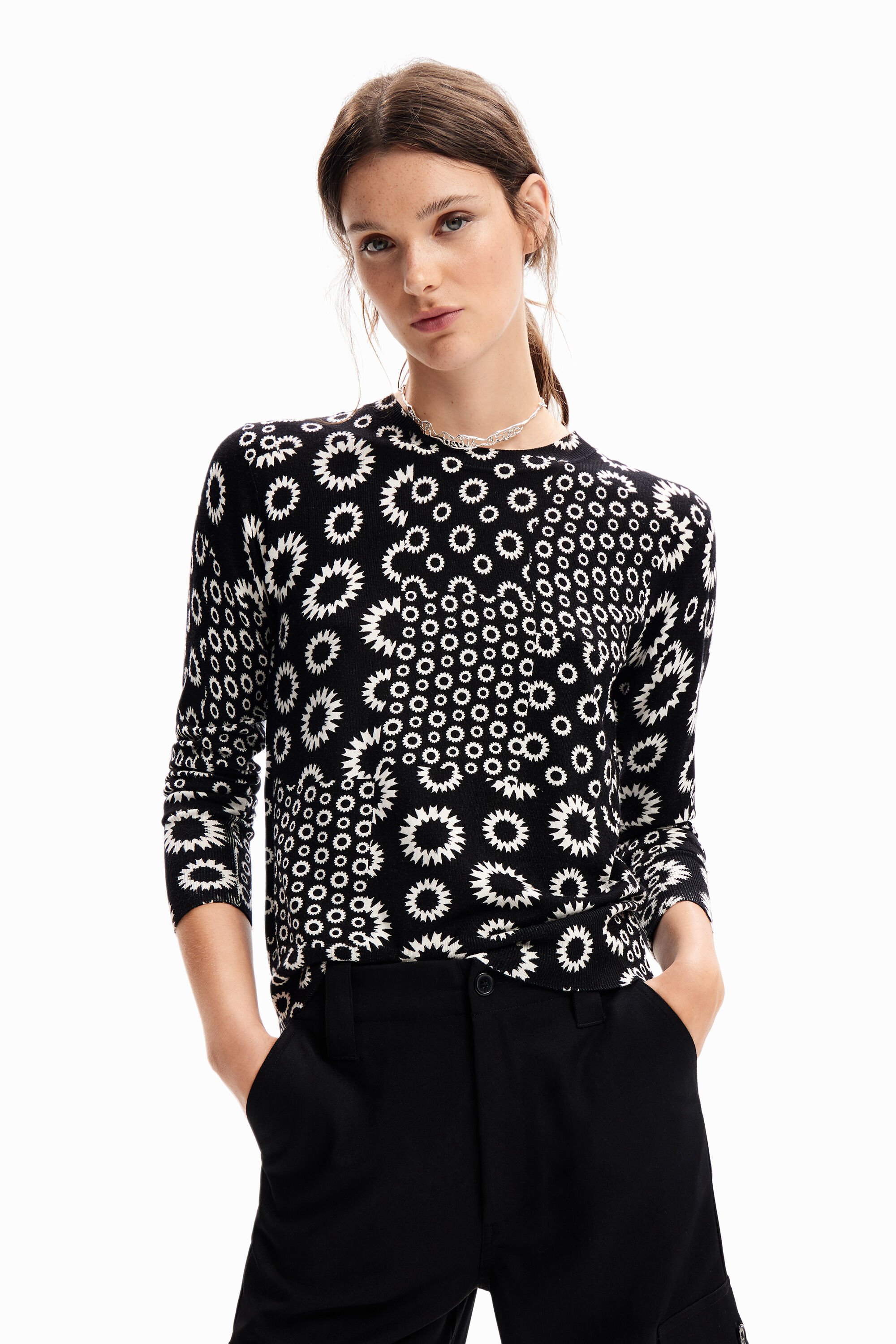 Pull fin patchwork géométrique