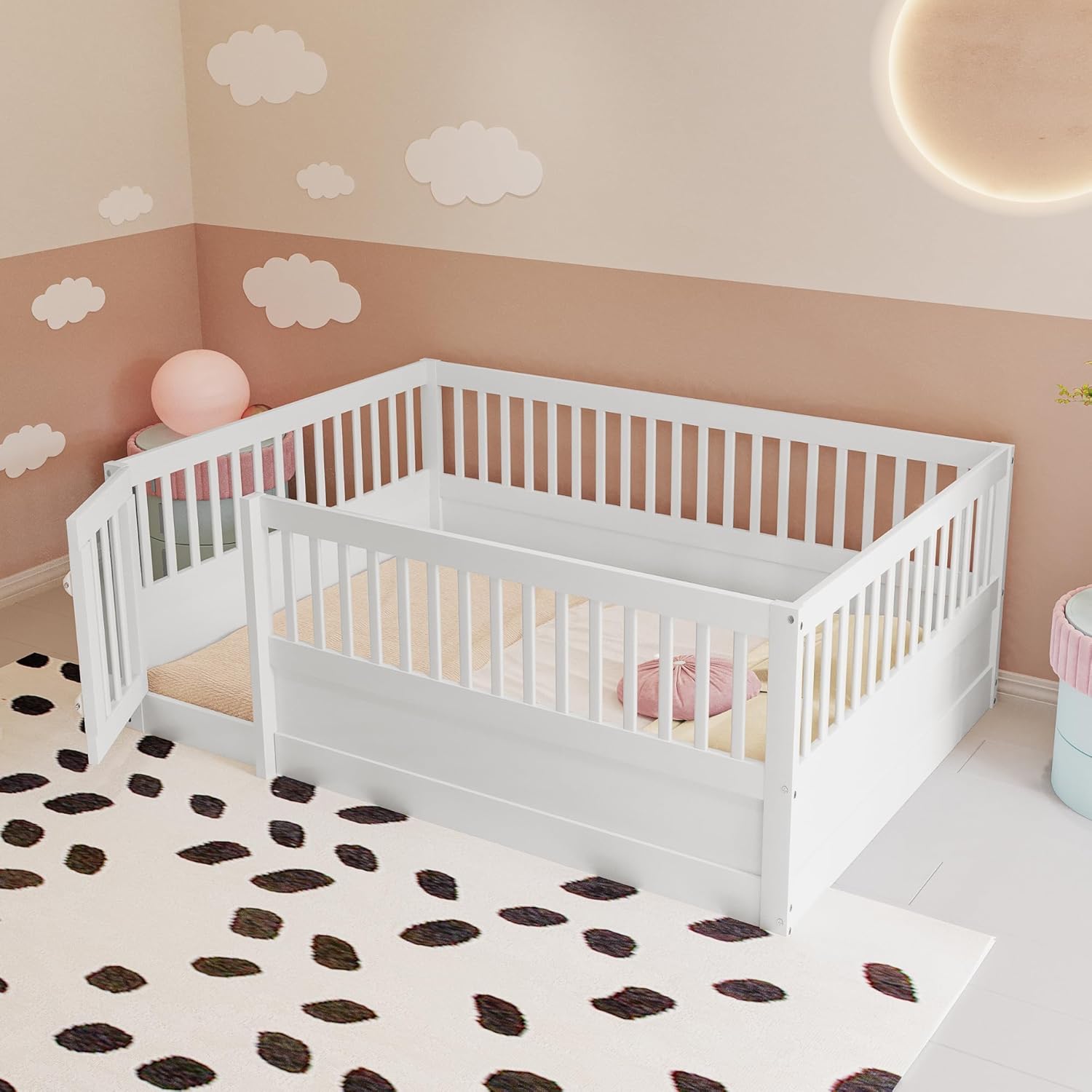 Kinderbett 140x200 cm, Bodenbett mit Gitter und Tür, Holzbett Bettgestell ohne Lattenrost, Bett für Kinder Jungen Mädchen (Ohne Matratze) Weiß