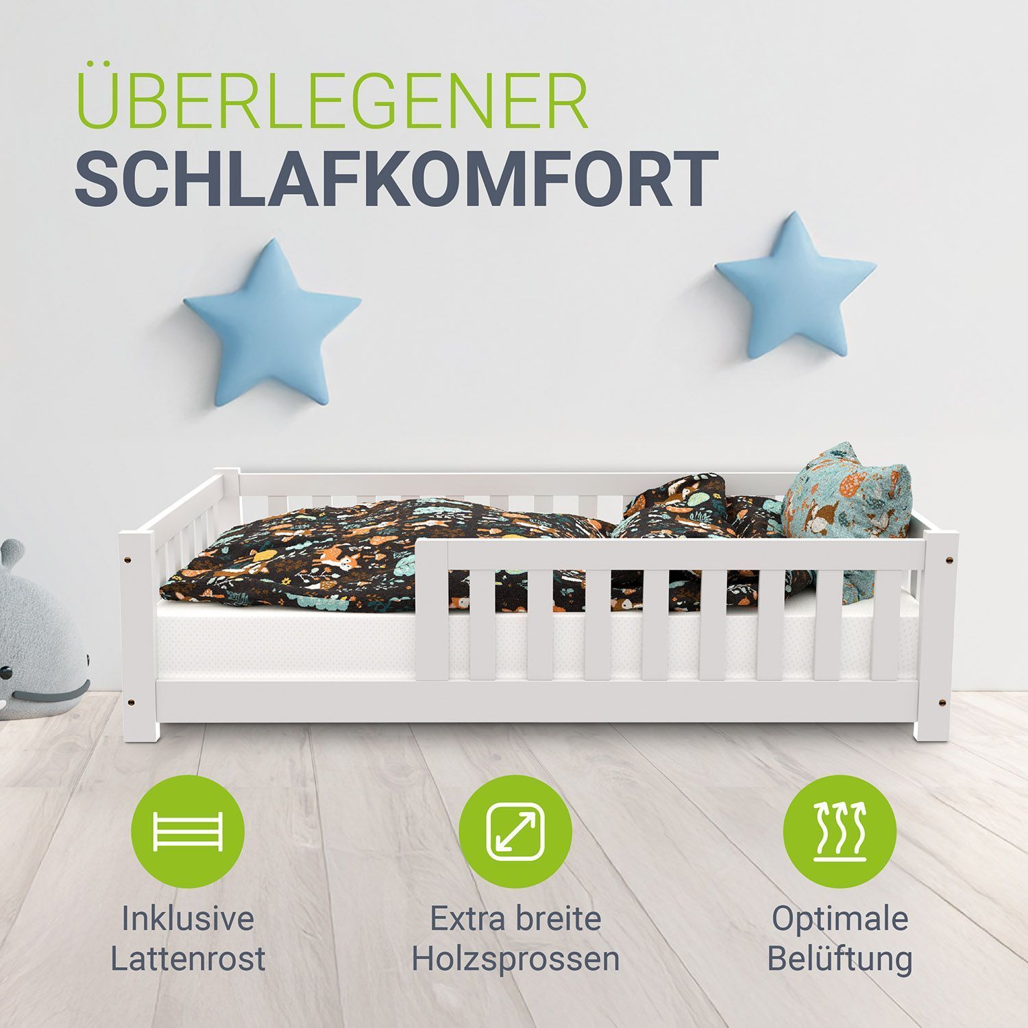 Juskys Kinderbett Naya 80x160 cm - Bett mit Matratze, Rausfallschutz & Lattenrost - Bodenbett Weiß