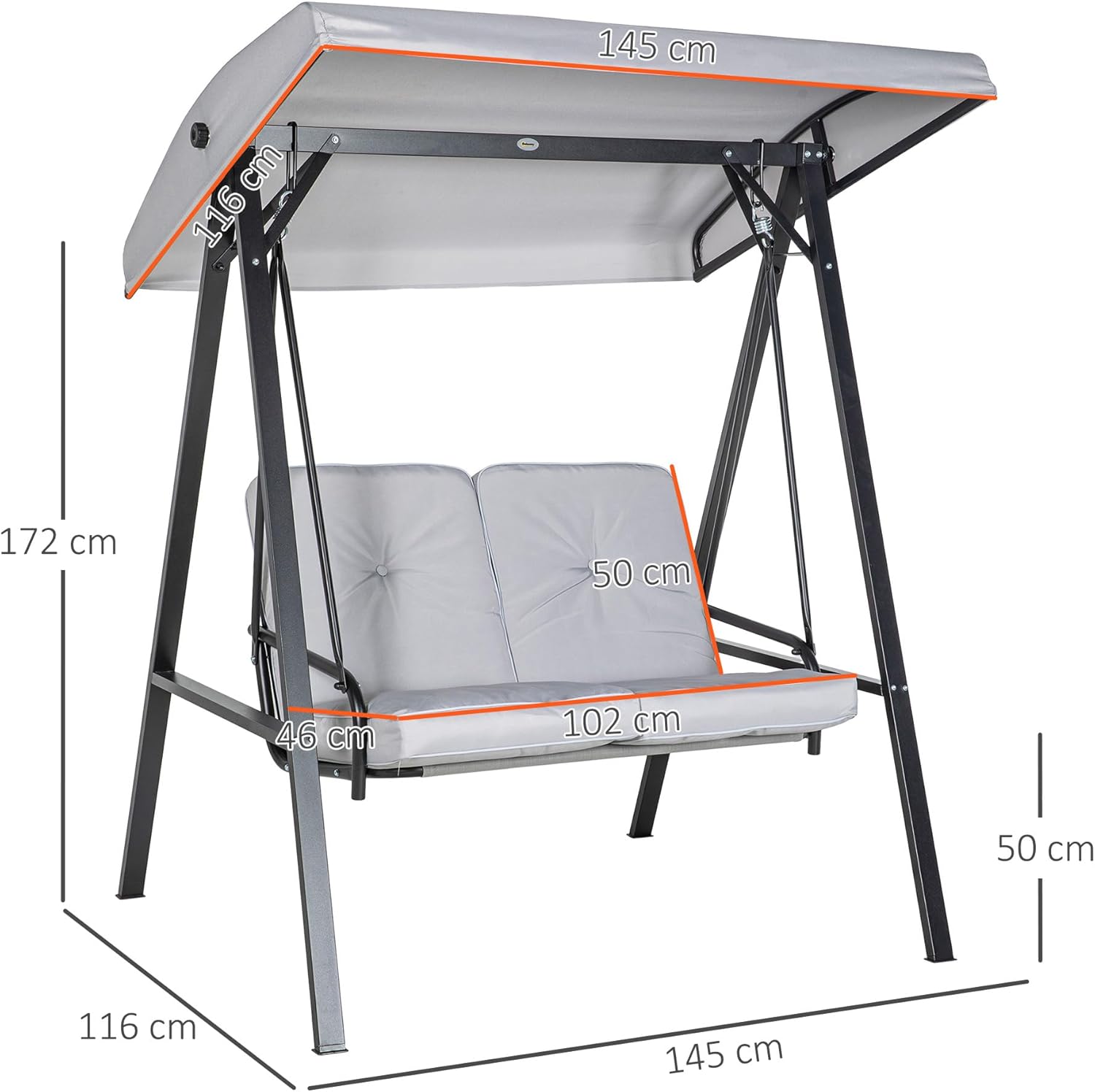 Outsunny Hollywoodschaukel 2-Sitzer Gartenschaukel mit Verstellbarem Dach, Kissen, Schaukelbank bis 220 kg Belastbar, für Garten, Balkon, Grau, 145 x 116 x 172 cm