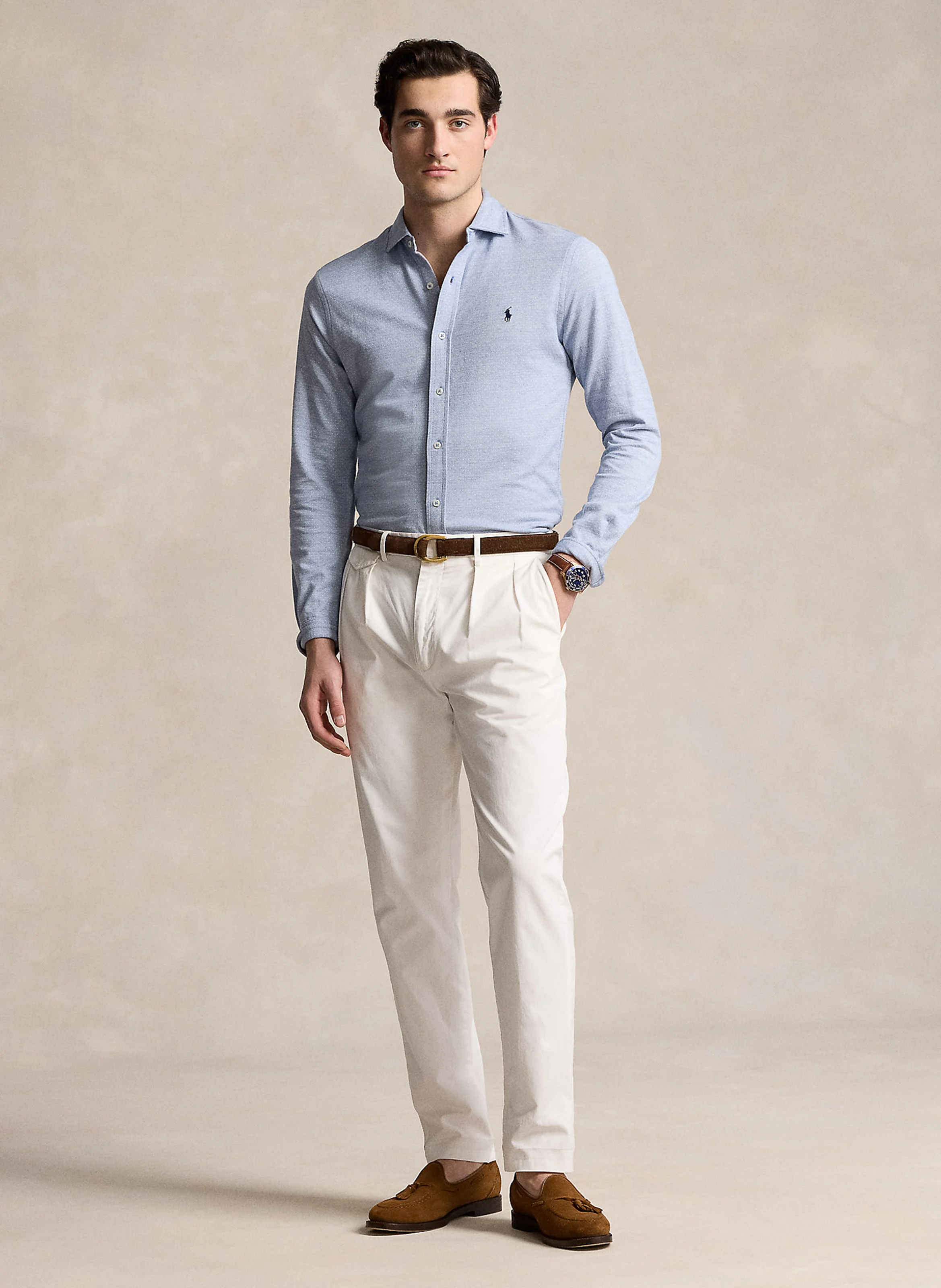 Chemise droite col italien en coton | Bleu