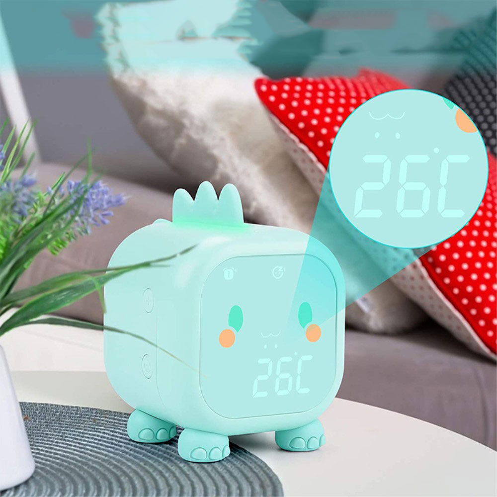 LED Kinder Wecker Tischuhr Dinosaurier mit Sonnenaufgang / Sonnenuntergang   Nachtlicht - Blau