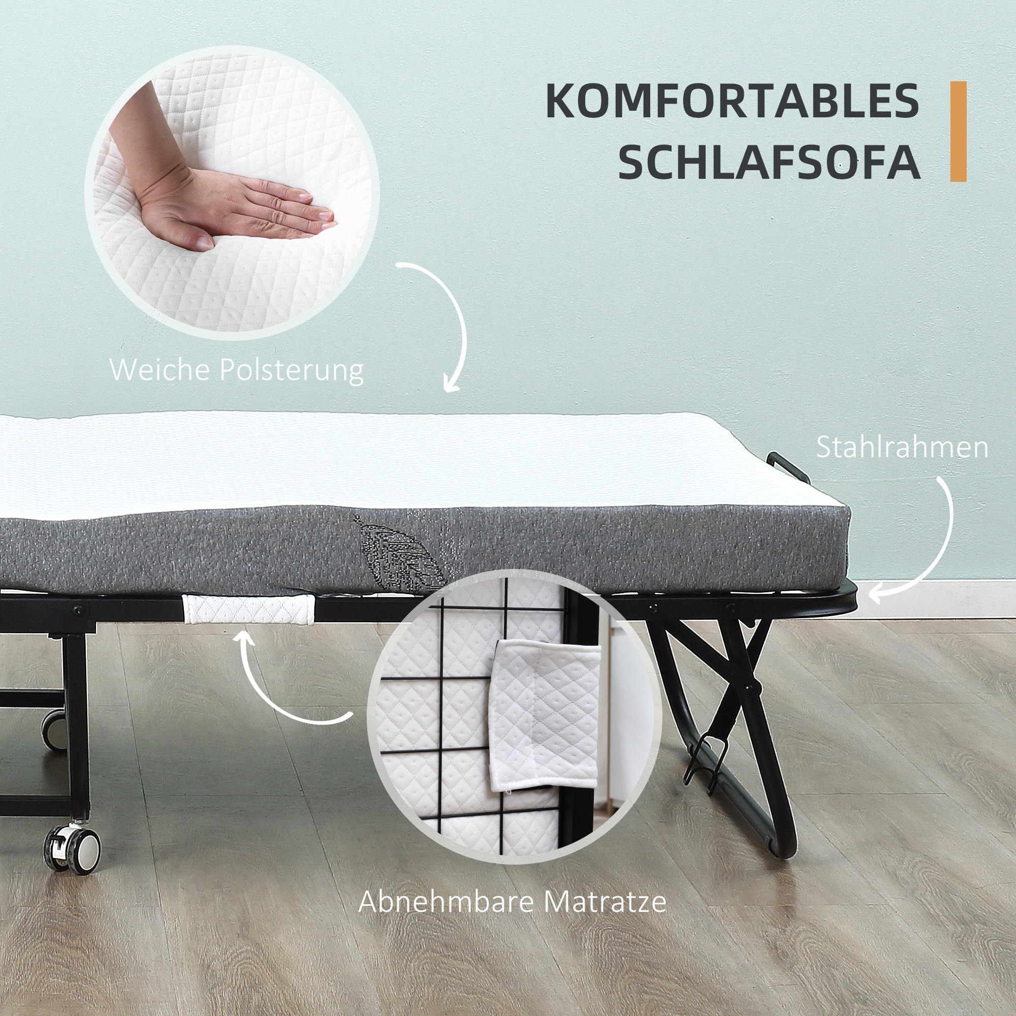 HOMCOM Klappbett mit Reißverschluss, 4 Universalrädern schwarz, weiß 200L x 75B x 42,5H cm