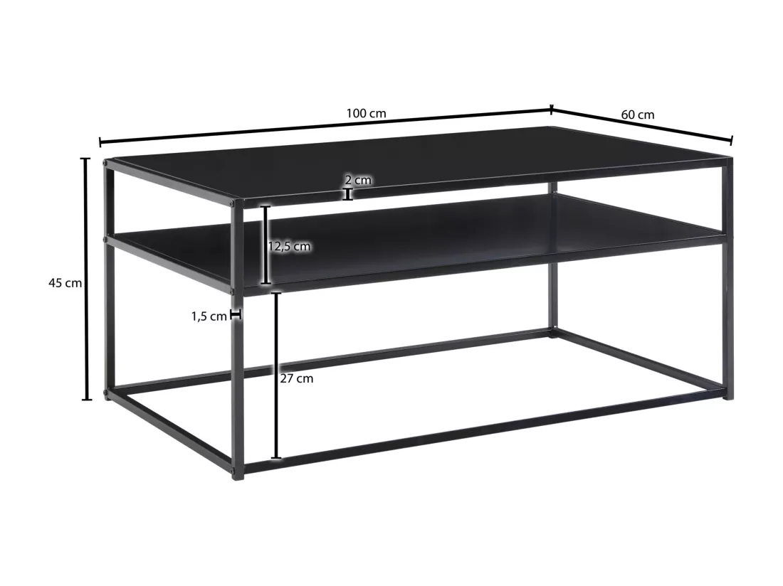 Table Basse de Salon Métal Noir 100x60x45 cm Rectangulaire Industriel | Petite Table de Canapé avec Rangement | Design Table d'appoint
