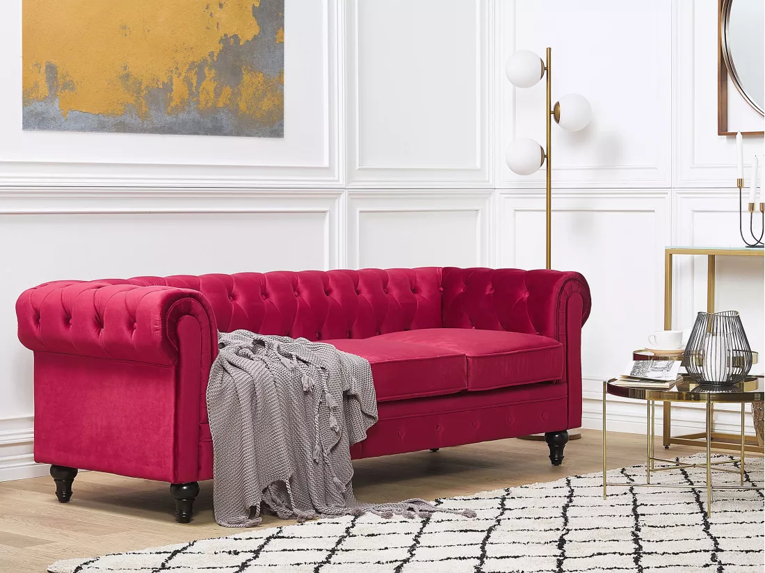 Canapé 3 places en velours rouge foncé CHESTERFIELD