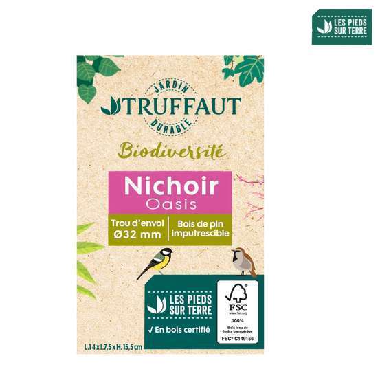 Nichoir Oasis en pin pour oiseaux du jardin - L.14 x l.7.5 x H.15.5 cm