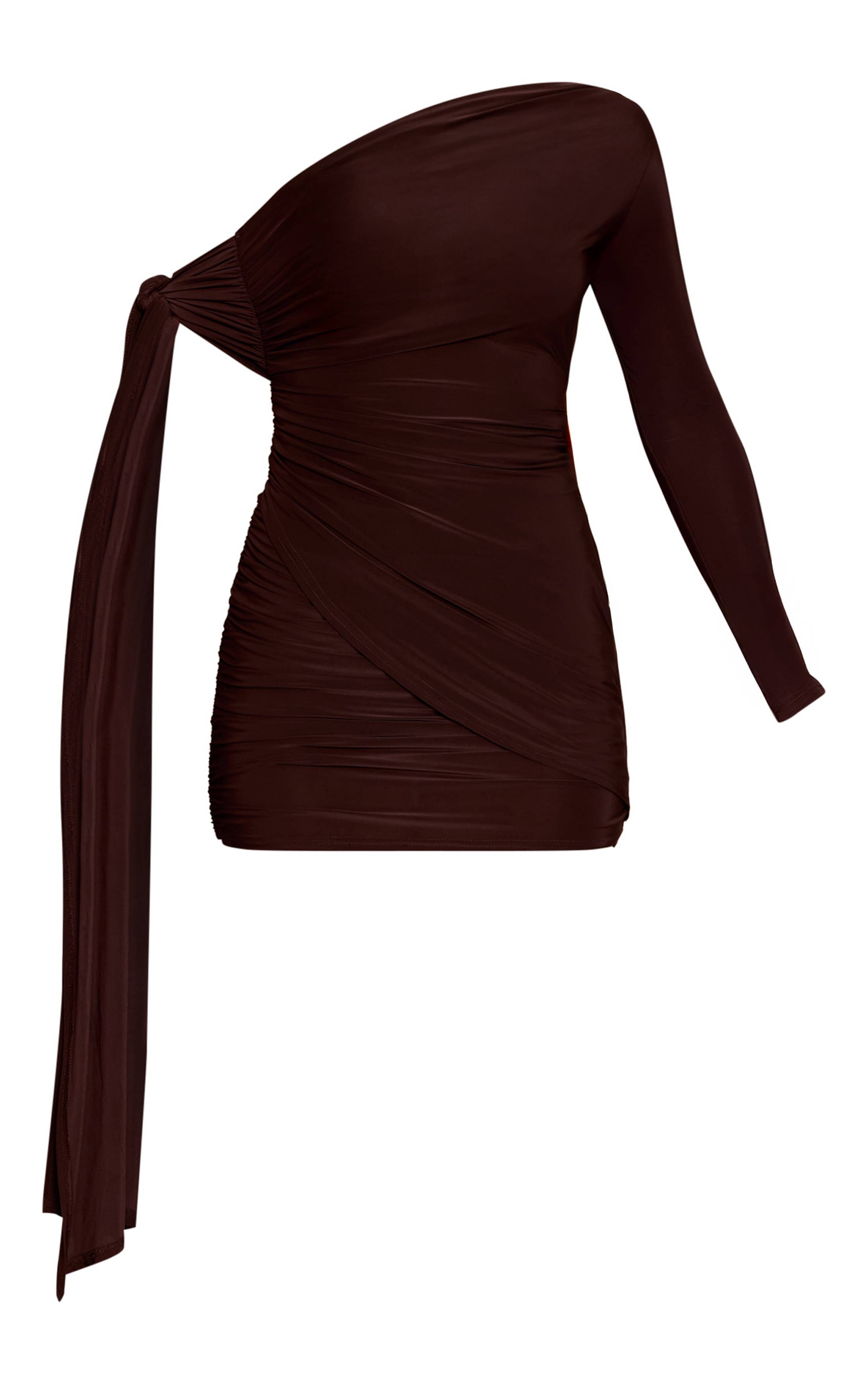 Chocolat Robe Mini Asymétrique À Une Épaule En Tissu Slinky Double Couche