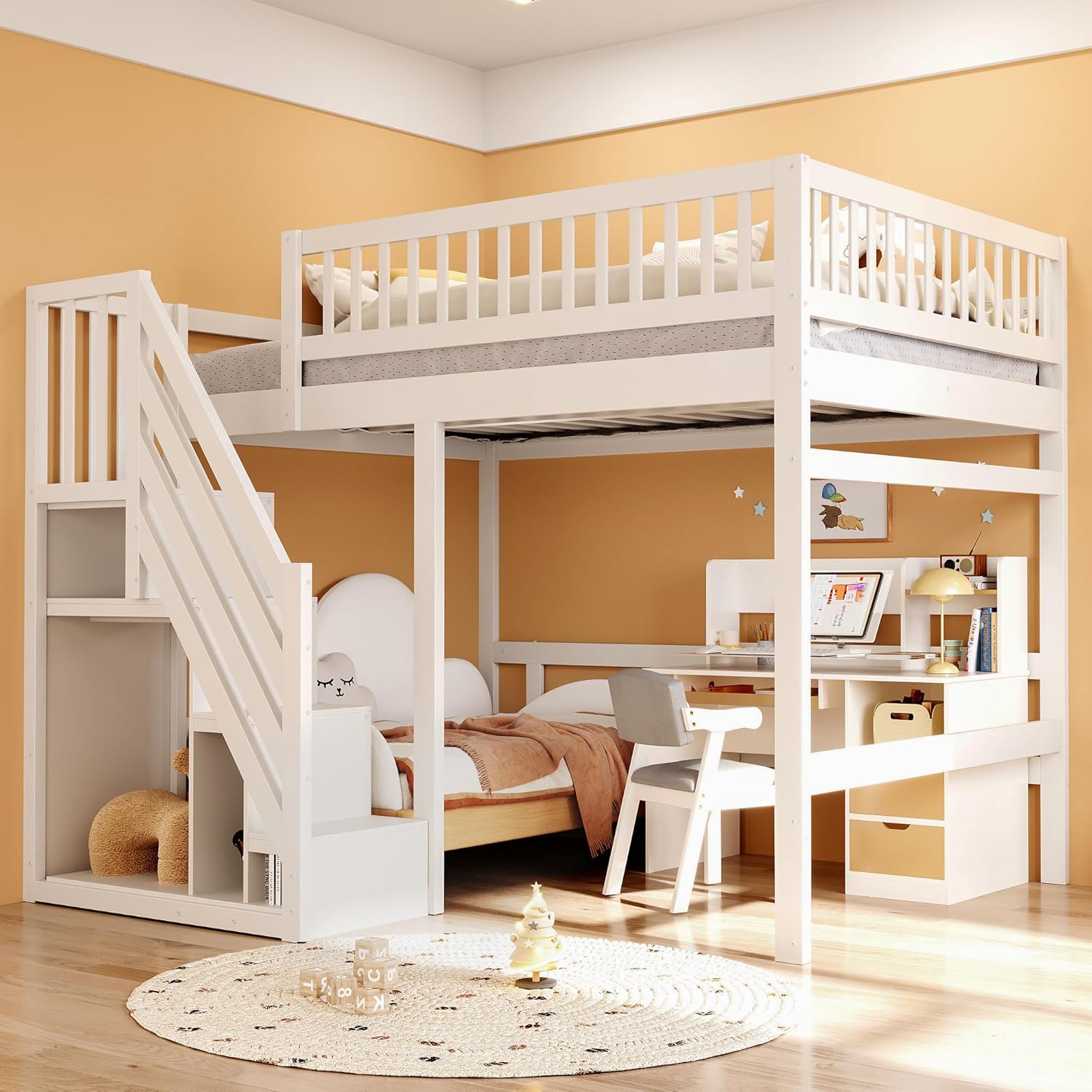 Kinderbett Etagenbett 140x200 cm, Hochbett mit Treppe und Stauschrank, Multifunktionsbett Doppelbett Stockbett Spielbett Kinderhochbett Jugendhochbett mit Lattenrost, Massivholz, Ohne Matratze, Weiß