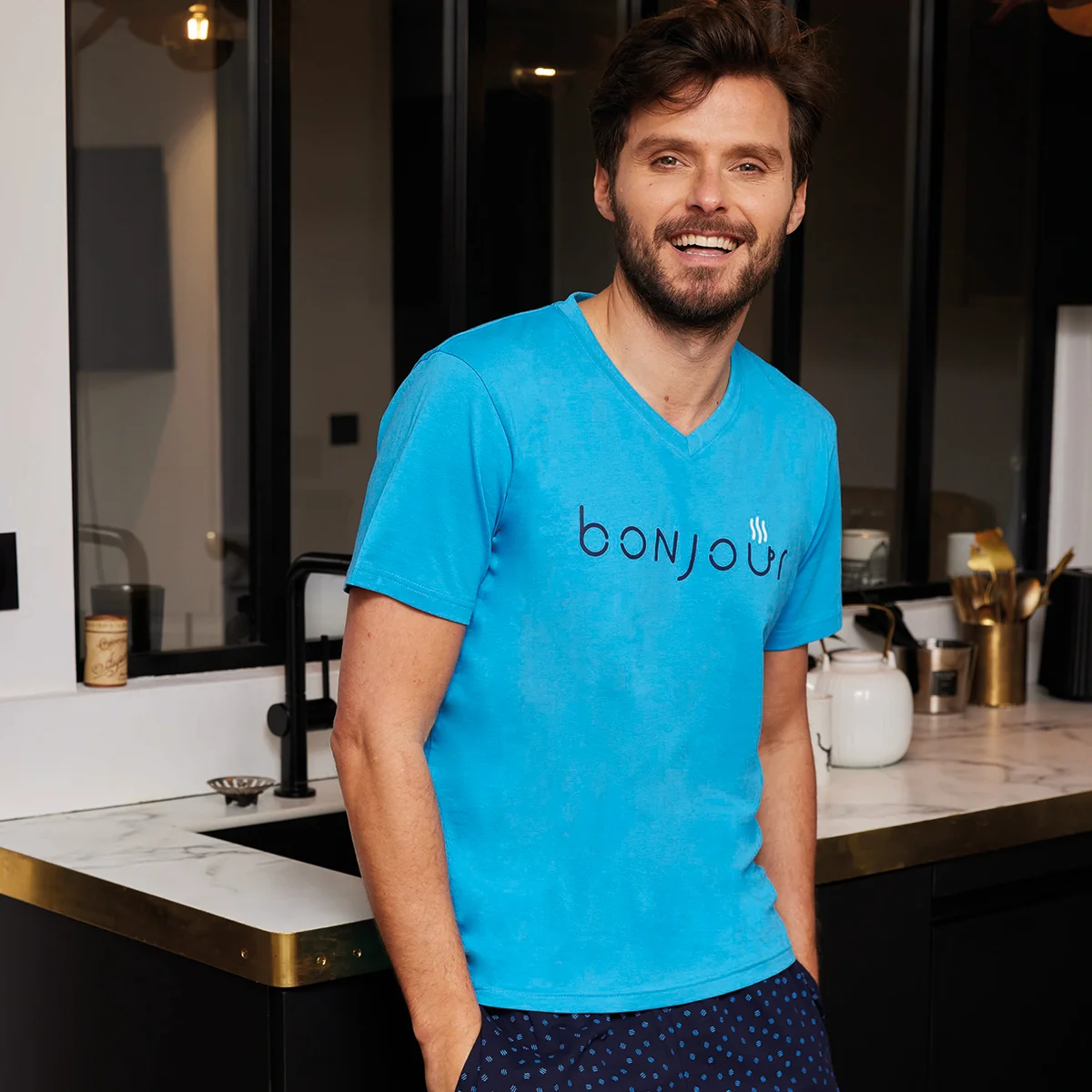 Pyjashort homme BONJOUR bleu/marine imprimé