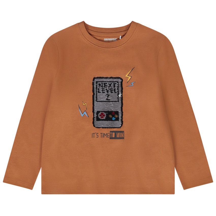 T-shirt manches longues avec sequins magiques pour garçon - Marron