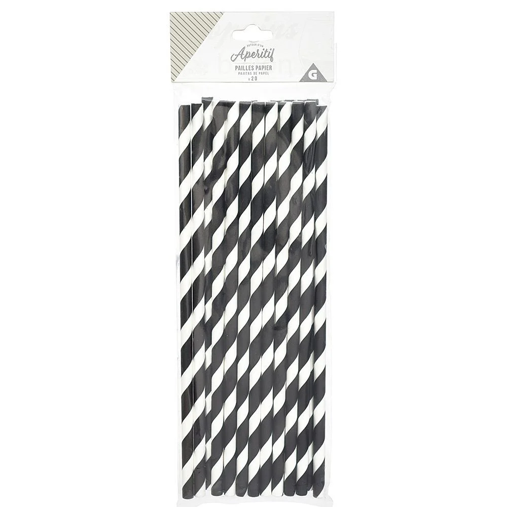 Paille jetable en papier motif chevron blanc et noir x20