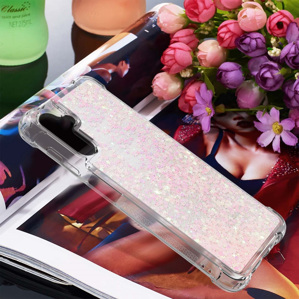 Samsung Galaxy A54 5G Hardcase Hülle mit Air Cushion Fallschutz Liquid Case Glitzer Herzen - Rosa / Transparent