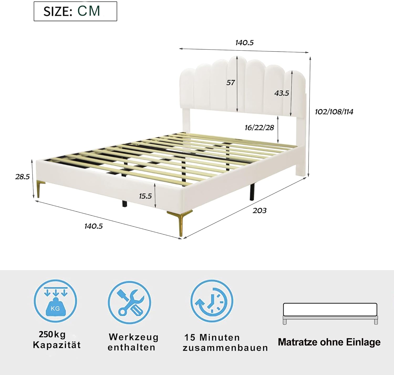 ZYLOYAL10 Polsterbett Doppelbett 140 x 200 cm, Bettgestell mit Kopfteil und Lattenrost, Erwachsenen-Jugendbett-Gästebett in hautfreundlichem Samtstoff (Beige, 140 x 200 cm)