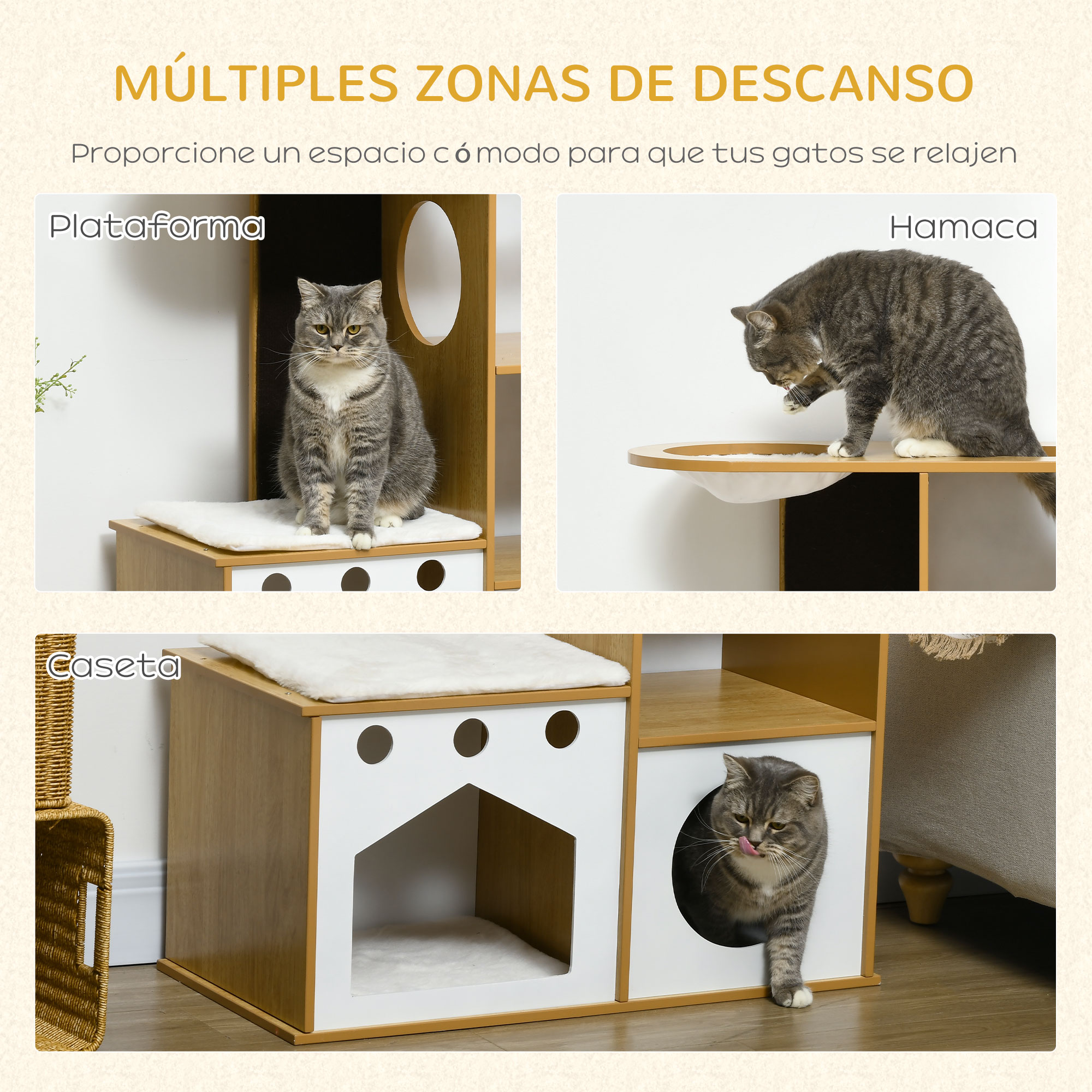 Árvore para Gatos PawHut de Madeira, 92,5 cm, Torre para Gatos de Interior para Gatinhos com 2 Cavernas, Poste para Arranhar, Rede e Almofadas de Pelúcia, 76x37x92,5 cm, Carvalho