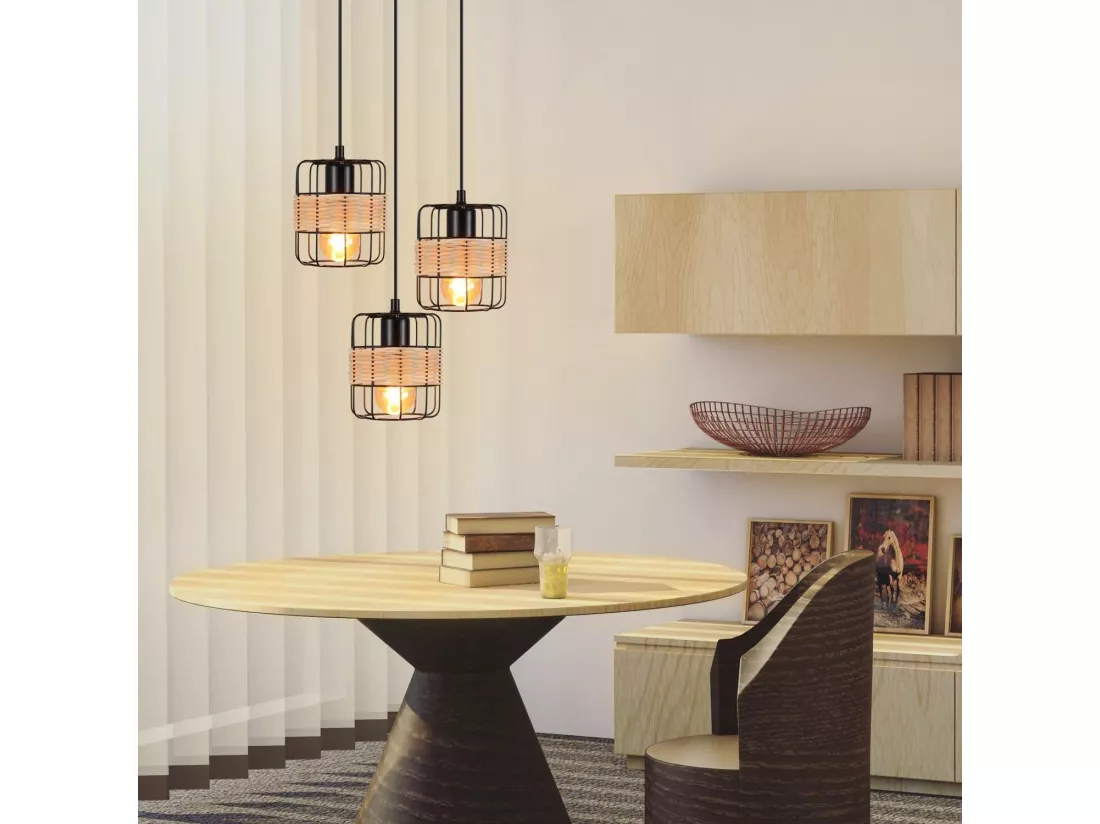 NETTLIFE Suspension Métal Noir Diam.25cm E27 Vintage Rustique Rond 3 Ampoules Rétro Rotin Lampe de Salon Métal Naturel pour Salle à Manger Chambre
