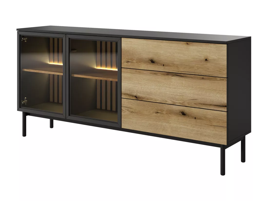 Buffet 2 portes et 3 tiroirs avec LEDs - Naturel et noir - LABENIA