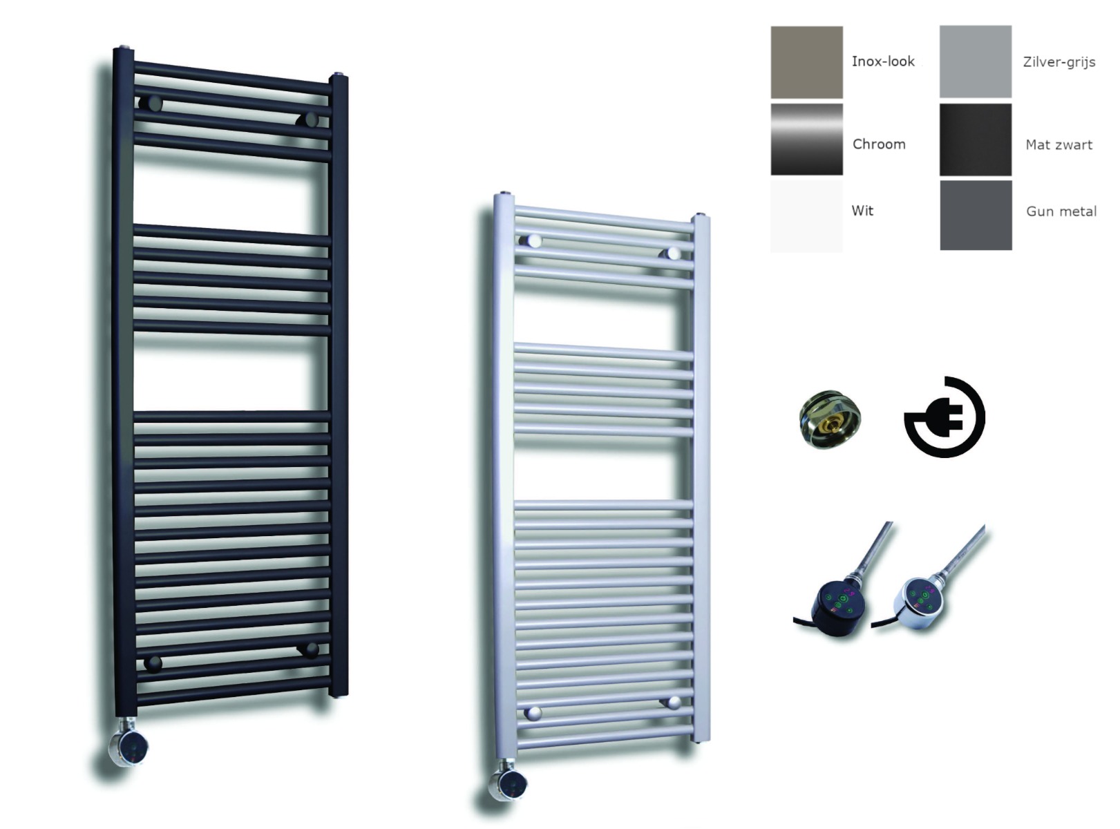 Sanicare elektrische design radiator 45x112cm inox-look met thermostaat rechts chroom