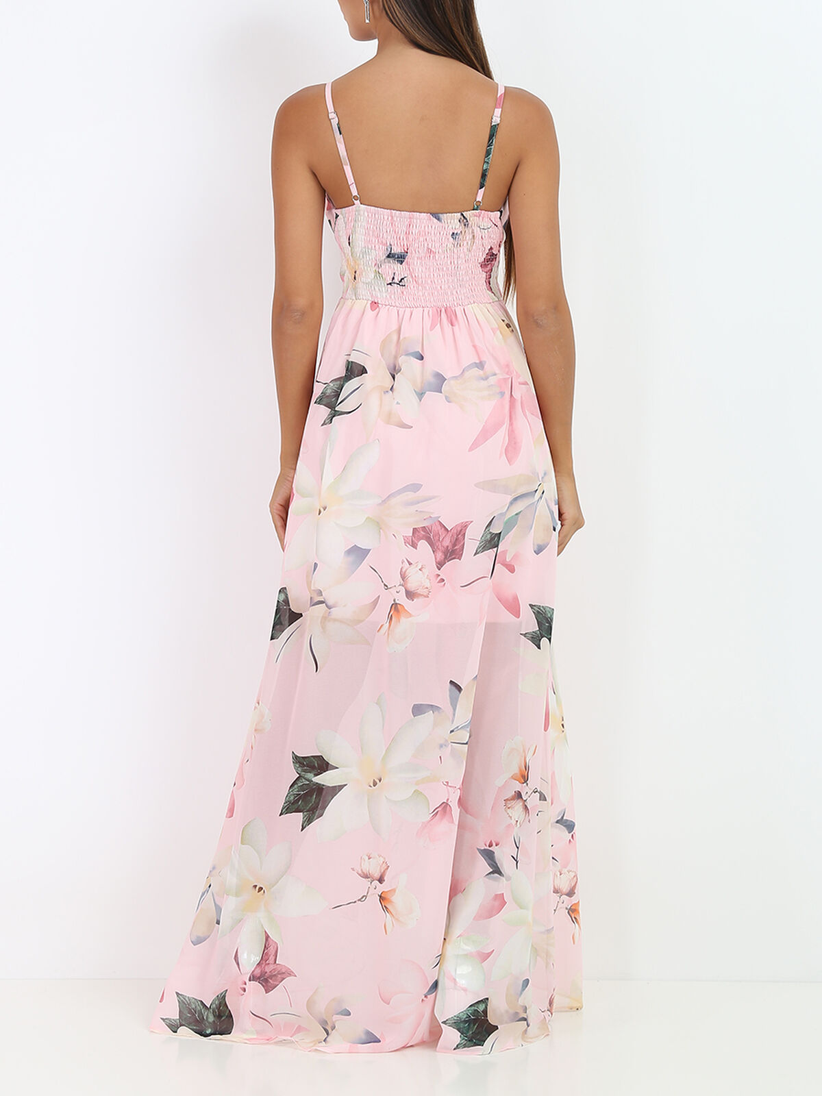 Robe longue fendue asymétrique à fleurs- Rose